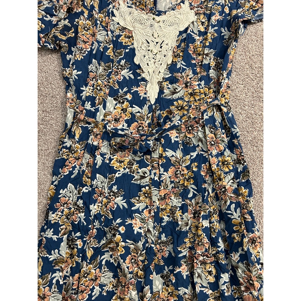 VTG Bentley Floral Midi Dress Womens 14 Blue Excellent Crochet Lace Bib Boho - Picture 3 of 12